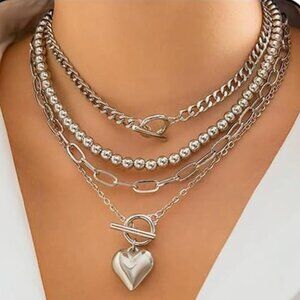 Chunky Silver Tone Necklace for Women Layered Necklaces Paperclip Chain 4 Pcs